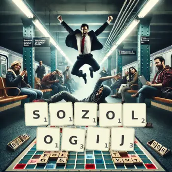 Kreatywna ilustracja do gry w Scrabble ze słowem SOZOLOGIJ ułożonym z płytek na planszy.