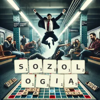 Kreatywna ilustracja do gry w Scrabble ze słowem SOZOLOGIĄ ułożonym z płytek na planszy.