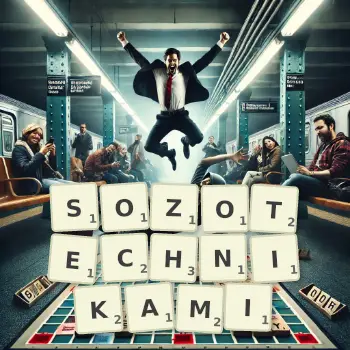 Kreatywna ilustracja do gry w Scrabble ze słowem SOZOTECHNIKAMI ułożonym z płytek na planszy.