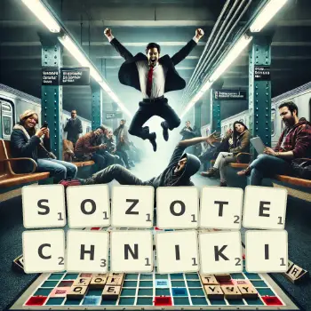 Kreatywna ilustracja do gry w Scrabble ze słowem SOZOTECHNIKI ułożonym z płytek na planszy.