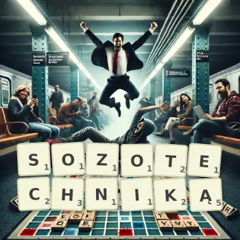 Kreatywna ilustracja do gry w Scrabble ze słowem SOZOTECHNIKĄ ułożonym z płytek na planszy.