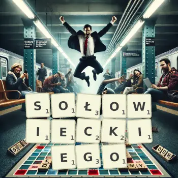 Kreatywna ilustracja do gry w Scrabble ze słowem SOŁOWIECKIEGO ułożonym z płytek na planszy.