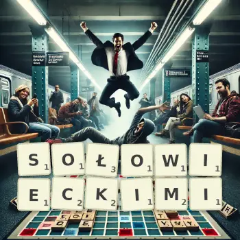 Kreatywna ilustracja do gry w Scrabble ze słowem SOŁOWIECKIMI ułożonym z płytek na planszy.