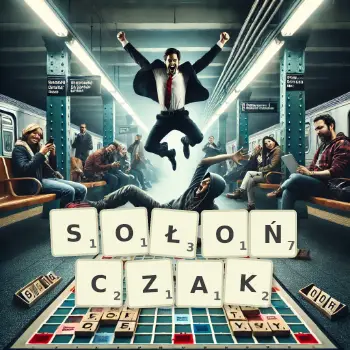 Kreatywna ilustracja do gry w Scrabble ze słowem SOŁOŃCZAK ułożonym z płytek na planszy.