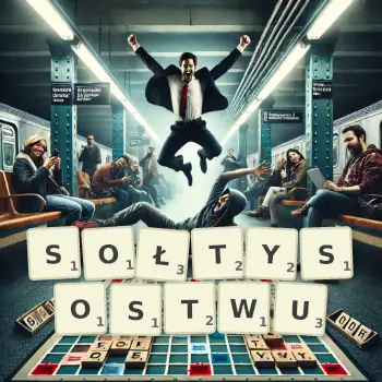Kreatywna ilustracja do gry w Scrabble ze słowem SOŁTYSOSTWU ułożonym z płytek na planszy.