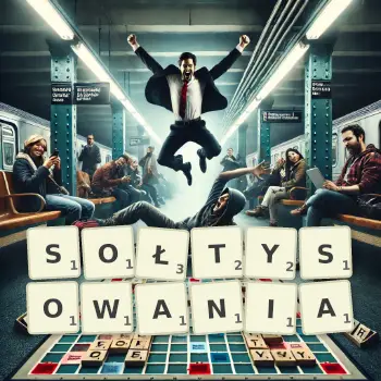 Kreatywna ilustracja do gry w Scrabble ze słowem SOŁTYSOWANIA ułożonym z płytek na planszy.