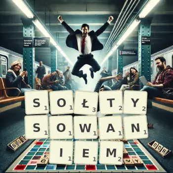 Kreatywna ilustracja do gry w Scrabble ze słowem SOŁTYSOWANIEM ułożonym z płytek na planszy.