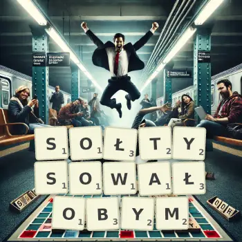 Kreatywna ilustracja do gry w Scrabble ze słowem SOŁTYSOWAŁOBYM ułożonym z płytek na planszy.