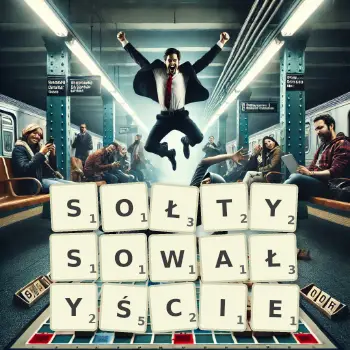 Kreatywna ilustracja do gry w Scrabble ze słowem SOŁTYSOWAŁYŚCIE ułożonym z płytek na planszy.