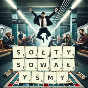 Kreatywna ilustracja do gry w Scrabble ze słowem SOŁTYSOWAŁYŚMY ułożonym z płytek na planszy.