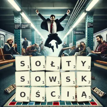 Kreatywna ilustracja do gry w Scrabble ze słowem SOŁTYSOWSKOŚCIĄ ułożonym z płytek na planszy.