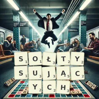 Kreatywna ilustracja do gry w Scrabble ze słowem SOŁTYSUJĄCYCH ułożonym z płytek na planszy.
