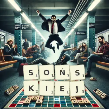 Kreatywna ilustracja do gry w Scrabble ze słowem SOŃSKIEJ ułożonym z płytek na planszy.