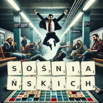 Kreatywna ilustracja do gry w Scrabble ze słowem SOŚNIAŃSKICH ułożonym z płytek na planszy.