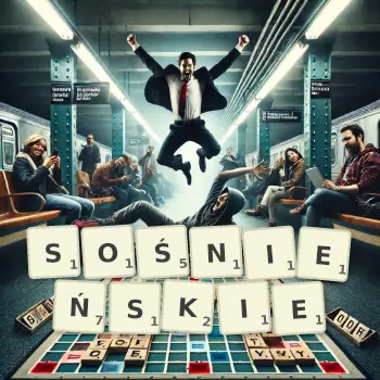 Kreatywna ilustracja do gry w Scrabble ze słowem SOŚNIEŃSKIE ułożonym z płytek na planszy.
