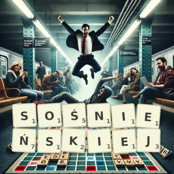 Kreatywna ilustracja do gry w Scrabble ze słowem SOŚNIEŃSKIEJ ułożonym z płytek na planszy.