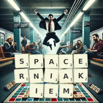 Kreatywna ilustracja do gry w Scrabble ze słowem SPACERNIAKIEM ułożonym z płytek na planszy.