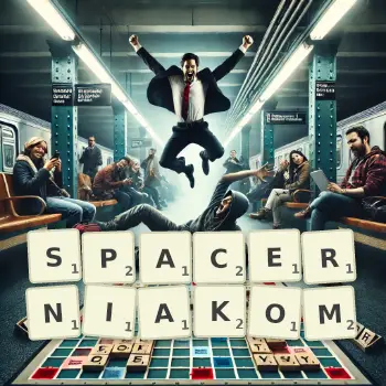 Kreatywna ilustracja do gry w Scrabble ze słowem SPACERNIAKOM ułożonym z płytek na planszy.