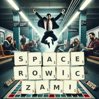 Kreatywna ilustracja do gry w Scrabble ze słowem SPACEROWICZAMI ułożonym z płytek na planszy.