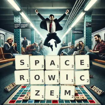 Kreatywna ilustracja do gry w Scrabble ze słowem SPACEROWICZEM ułożonym z płytek na planszy.