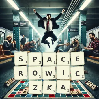 Kreatywna ilustracja do gry w Scrabble ze słowem SPACEROWICZKA ułożonym z płytek na planszy.