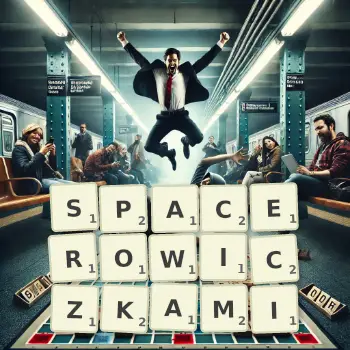 Kreatywna ilustracja do gry w Scrabble ze słowem SPACEROWICZKAMI ułożonym z płytek na planszy.