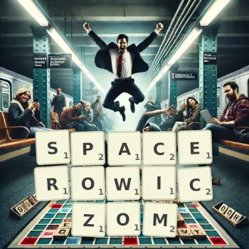 Kreatywna ilustracja do gry w Scrabble ze słowem SPACEROWICZOM ułożonym z płytek na planszy.
