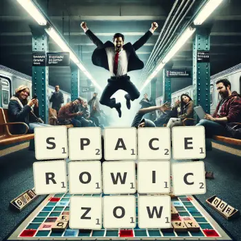 Kreatywna ilustracja do gry w Scrabble ze słowem SPACEROWICZOW ułożonym z płytek na planszy.