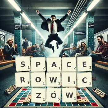 Kreatywna ilustracja do gry w Scrabble ze słowem SPACEROWICZÓW ułożonym z płytek na planszy.