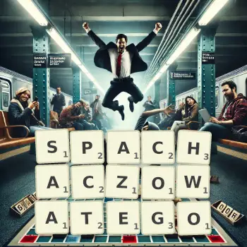 Kreatywna ilustracja do gry w Scrabble ze słowem SPACHACZOWATEGO ułożonym z płytek na planszy.