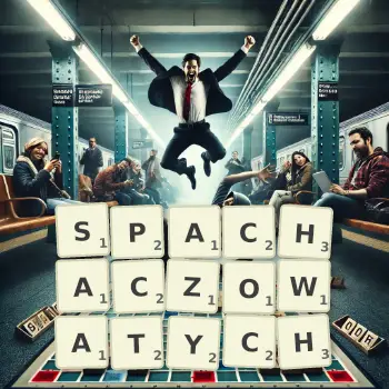 Kreatywna ilustracja do gry w Scrabble ze słowem SPACHACZOWATYCH ułożonym z płytek na planszy.