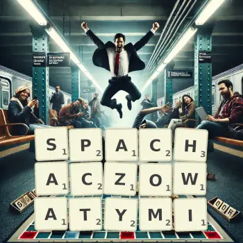 Kreatywna ilustracja do gry w Scrabble ze słowem SPACHACZOWATYMI ułożonym z płytek na planszy.