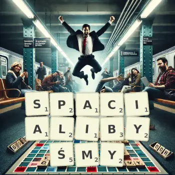 Kreatywna ilustracja do gry w Scrabble ze słowem SPACIALIBYŚMY ułożonym z płytek na planszy.