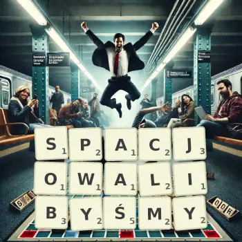 Kreatywna ilustracja do gry w Scrabble ze słowem SPACJOWALIBYŚMY ułożonym z płytek na planszy.