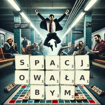 Kreatywna ilustracja do gry w Scrabble ze słowem SPACJOWAŁABYM ułożonym z płytek na planszy.