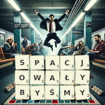 Kreatywna ilustracja do gry w Scrabble ze słowem SPACJOWAŁYBYŚMY ułożonym z płytek na planszy.