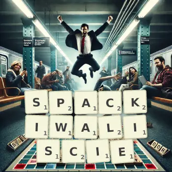 Kreatywna ilustracja do gry w Scrabble ze słowem SPACKIWALISCIE ułożonym z płytek na planszy.