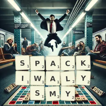 Kreatywna ilustracja do gry w Scrabble ze słowem SPACKIWALYSMY ułożonym z płytek na planszy.