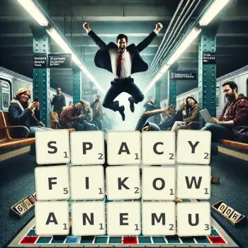 Kreatywna ilustracja do gry w Scrabble ze słowem SPACYFIKOWANEMU ułożonym z płytek na planszy.