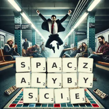 Kreatywna ilustracja do gry w Scrabble ze słowem SPACZALYBYSCIE ułożonym z płytek na planszy.