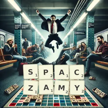 Kreatywna ilustracja do gry w Scrabble ze słowem SPACZAMY ułożonym z płytek na planszy.