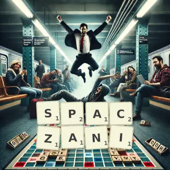 Kreatywna ilustracja do gry w Scrabble ze słowem SPACZANI ułożonym z płytek na planszy.