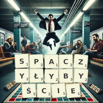 Kreatywna ilustracja do gry w Scrabble ze słowem SPACZYŁYBYŚCIE ułożonym z płytek na planszy.
