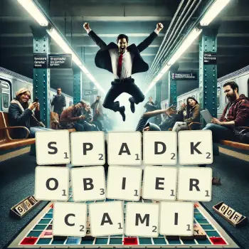 Kreatywna ilustracja do gry w Scrabble ze słowem SPADKOBIERCAMI ułożonym z płytek na planszy.