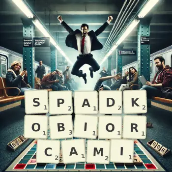 Kreatywna ilustracja do gry w Scrabble ze słowem SPADKOBIORCAMI ułożonym z płytek na planszy.