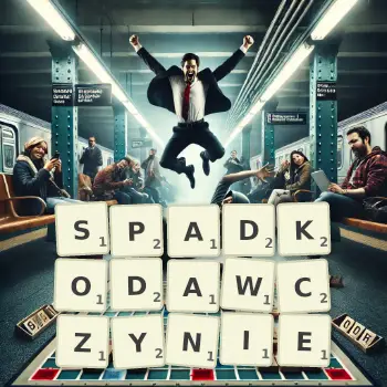 Kreatywna ilustracja do gry w Scrabble ze słowem SPADKODAWCZYNIE ułożonym z płytek na planszy.