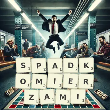 Kreatywna ilustracja do gry w Scrabble ze słowem SPADKOMIERZAMI ułożonym z płytek na planszy.