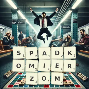 Kreatywna ilustracja do gry w Scrabble ze słowem SPADKOMIERZOM ułożonym z płytek na planszy.