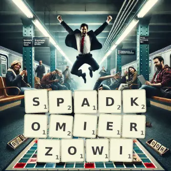 Kreatywna ilustracja do gry w Scrabble ze słowem SPADKOMIERZOWI ułożonym z płytek na planszy.