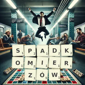 Kreatywna ilustracja do gry w Scrabble ze słowem SPADKOMIERZÓW ułożonym z płytek na planszy.